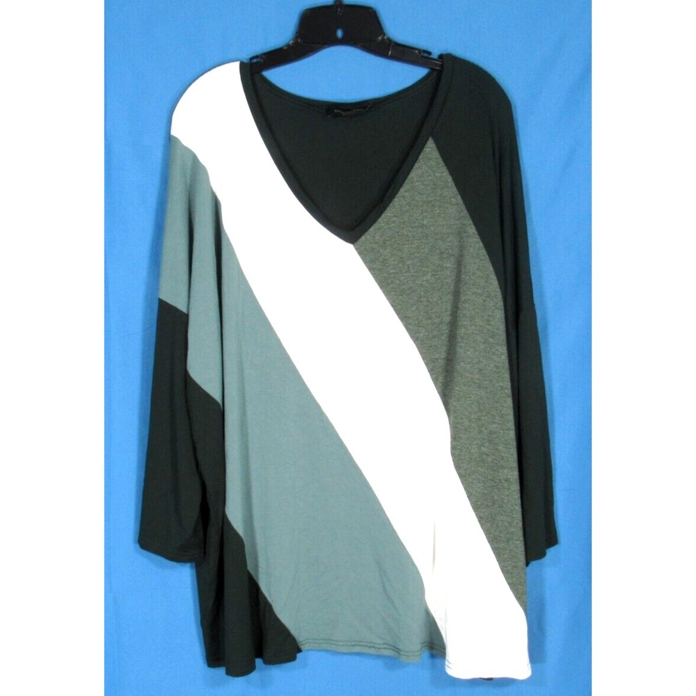 SUZANNE BETRO Green/Multi COLORBLOCK STRIPES Stretch Knit V-NECK Pullover Top 2X